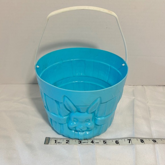 Vintage Blue Plastic Easter Basket Bunny Face Handle Childrens Toy Storage - Picture 3 of 8